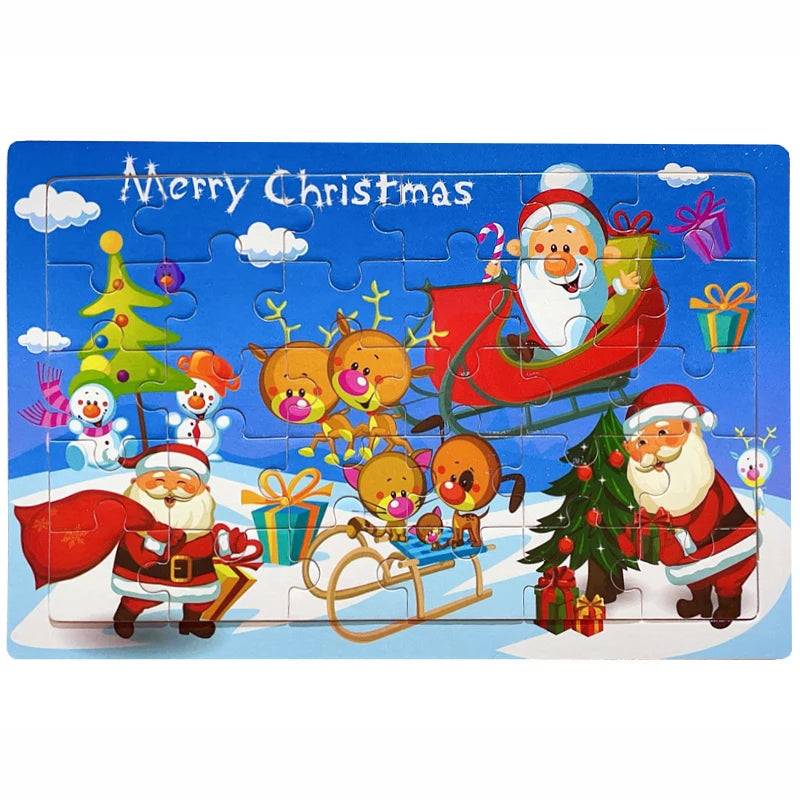 A 30-piece wooden jigsaw puzzle featuring a Merry Christmas scene with Santa, reindeer, and festive gifts.