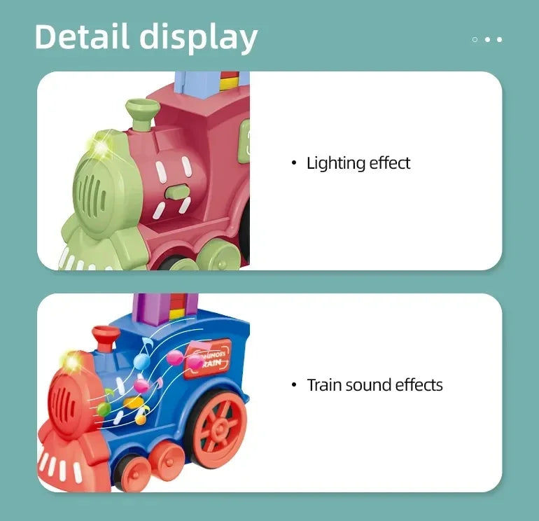 Detail display showing a pink train with lighting effects and a blue train with sound effects.