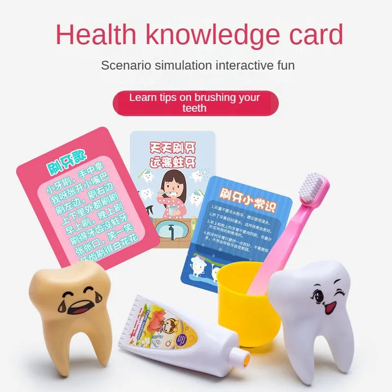 A health knowledge card simulation featuring teeth models and a toothbrush, used for learning about brushing techniques.