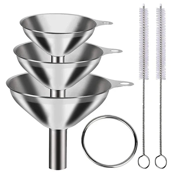 Stainless steel funnel set with three sizes and cleaning brushes