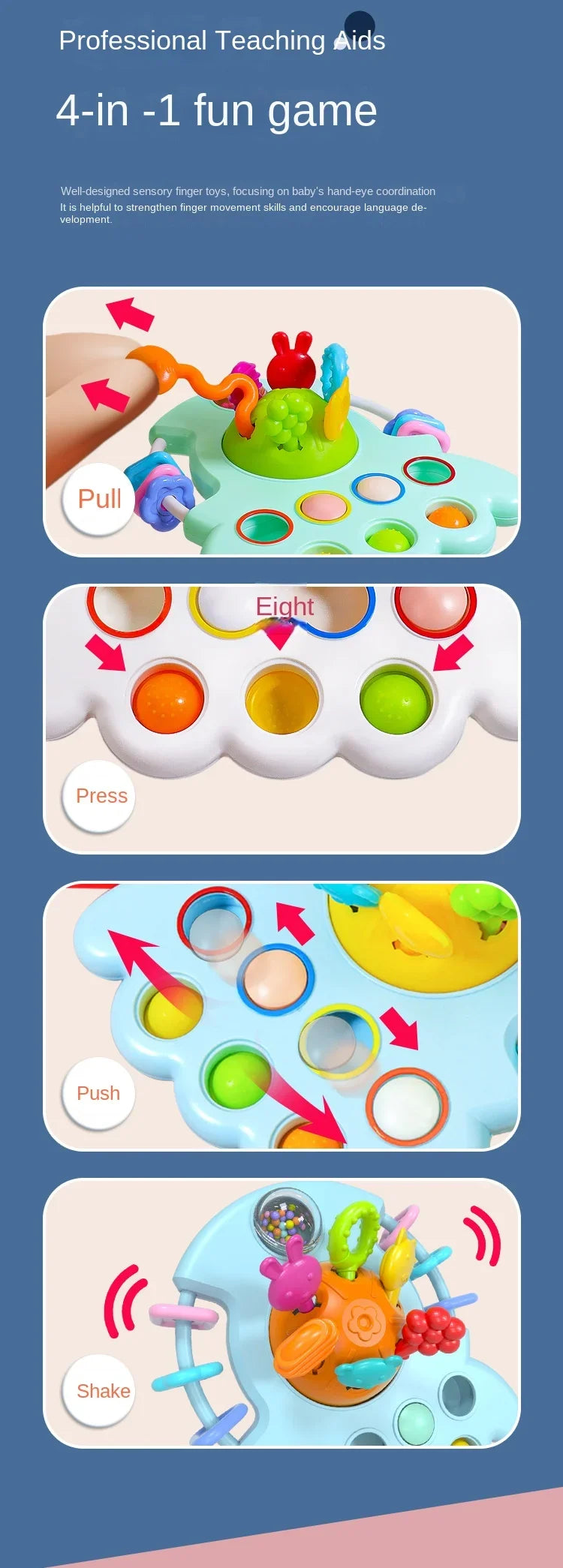 A set of four sensory toys featuring pull, press, push, and shake actions for baby development.