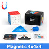 Un jeu de puzzles cubiques magnétiques 4x4x4, incluant un cube fini, une boîte vide et une pièce magnétique bleue.