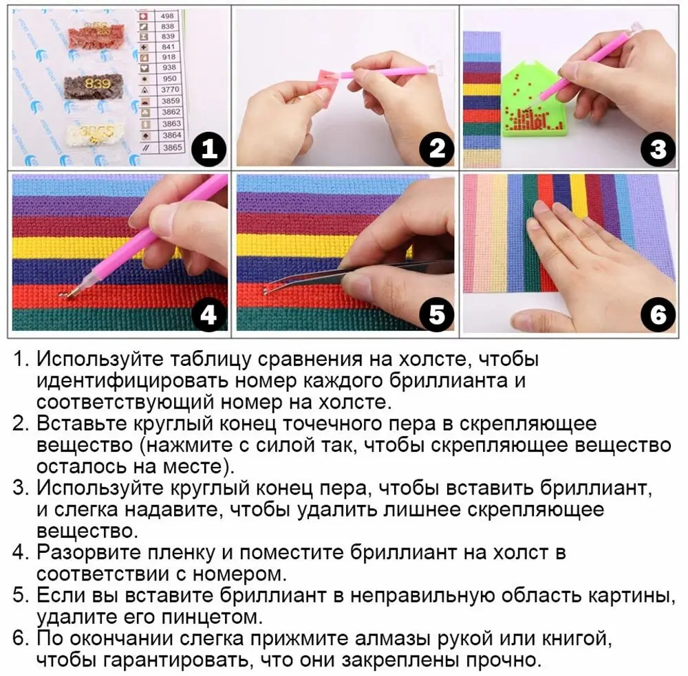 Instructions showing how to use a precision diamond painting pen tip with a stainless steel threaded handle