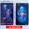A tarot card featuring the Queen of Pentacles, a woman holding a glowing orb against a dark blue cosmic background.