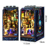 A detailed wooden book nook kit featuring miniature scenes and LED lights.