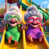Two elderly women with white hair and pink noses are sitting in a yellow slide, smiling.
