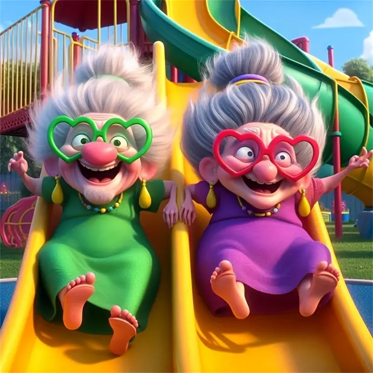 Two elderly women with white hair and pink noses are sitting in a yellow slide, smiling.