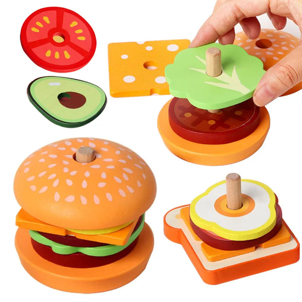 A wooden burger stacking toy set showing various components like buns, patties, and toppings.