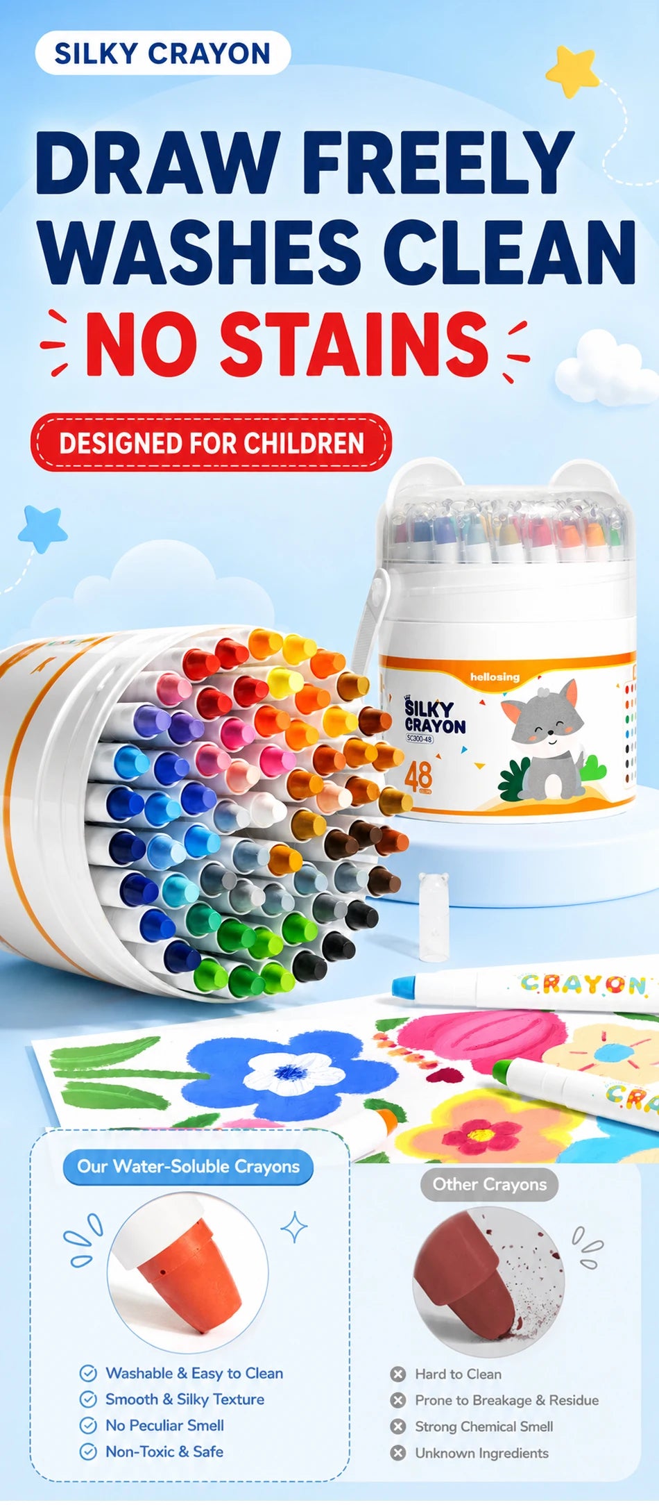 A set of silky crayon twist-up crayons in various colors, designed for children, with a container and a box showing features 
