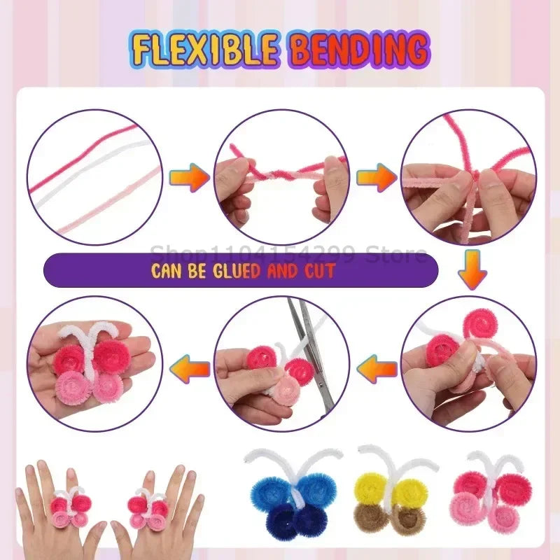 Colorful bendable chenille craft stems showing various bending and gluing techniques