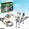 A set of transforming dinosaur car toys featuring a white vehicle and a white dinosaur figure.