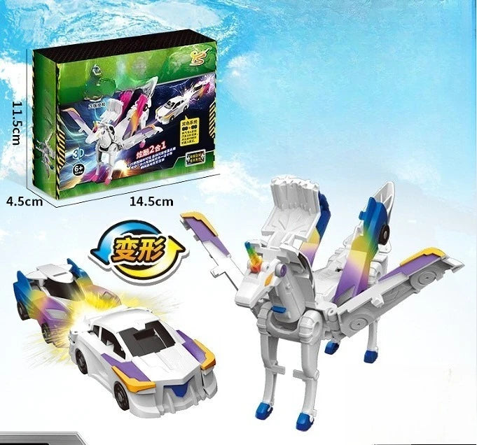 A set of transforming dinosaur car toys featuring a white vehicle and a white dinosaur figure.