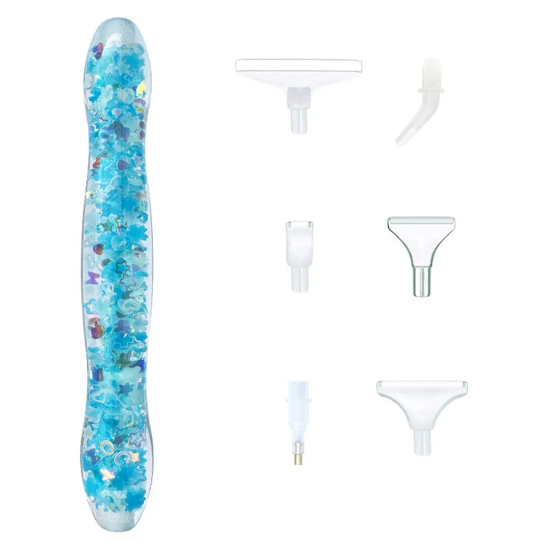 Glow-in-the-dark diamond painting pen with six interchangeable tips, featuring a blue and teal body.