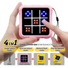 A hand holds a pink electronic tic tac toe game console showing a grid of lights, with accessories displayed below.