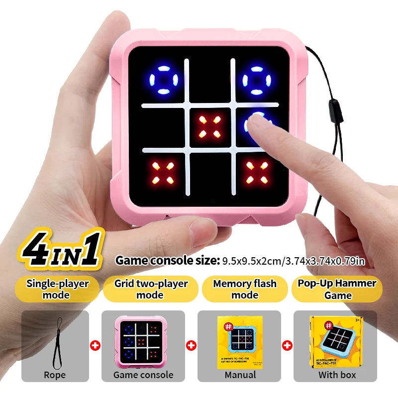 A hand holds a pink electronic tic tac toe game console showing a grid of lights, with accessories displayed below.