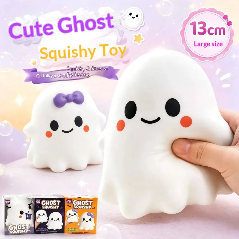 A white ghost squishy toy is being held, with other ghost squishies visible in the background.