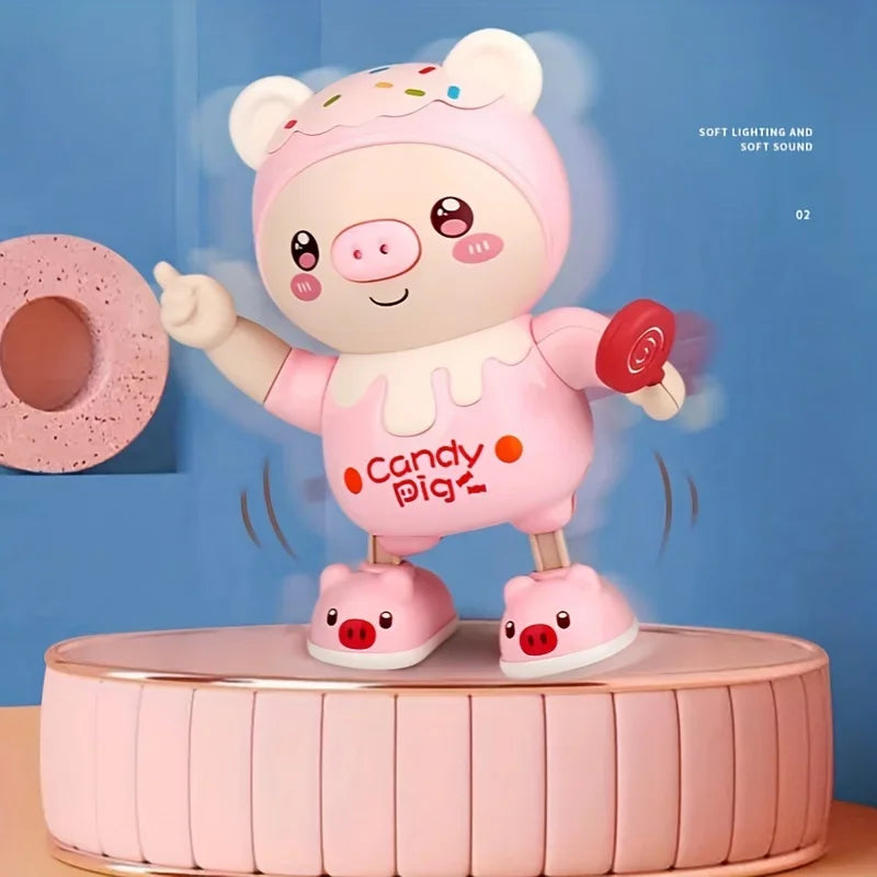 A pink, soft toy pig character is standing on a round platform with glowing lights and sound effects.