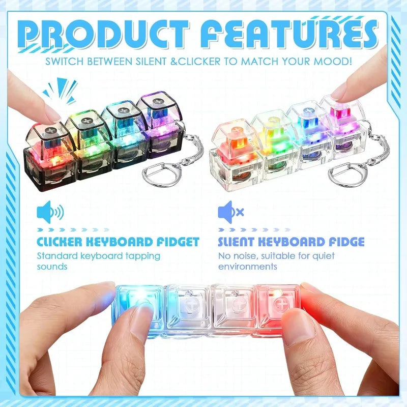A hand holds a row of illuminated keyboard buttons, showing switchable clicker and silent modes.