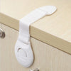 A white child safety cabinet lock set featuring a strap and a plastic latch mechanism.