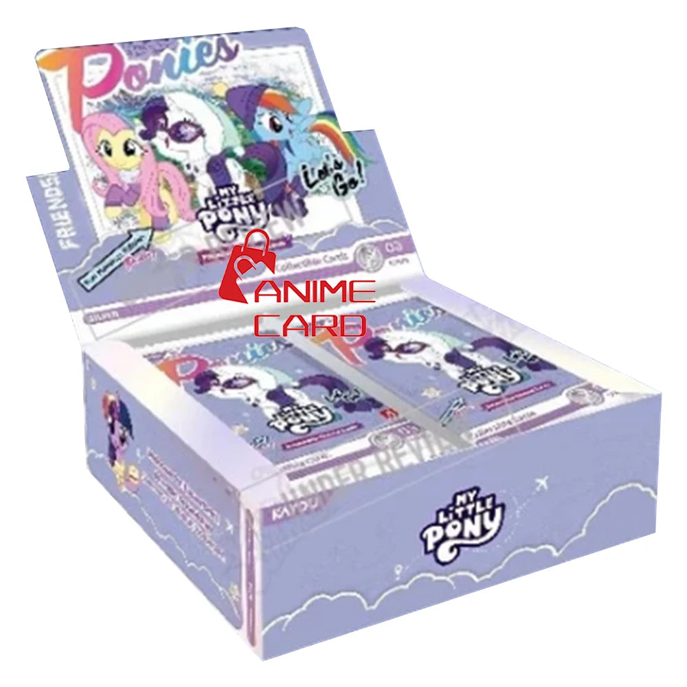 A box of My Little Pony Friendship Eternal Moon Edition collectible trading cards featuring ponies and artwork.