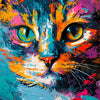 Vibrant abstract painting of a cat's face with bright blue, orange, and purple colors.
