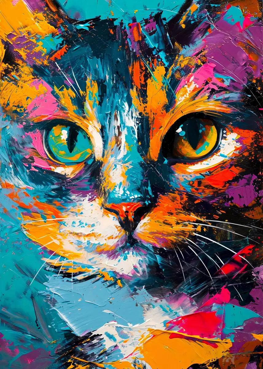 Vibrant abstract painting of a cat's face with bright blue, orange, and purple colors.