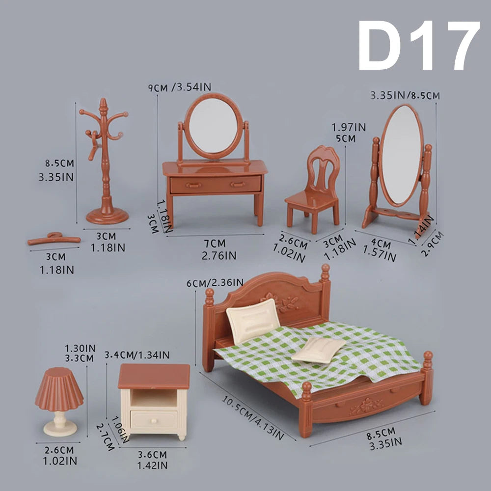 A set of 1:12 scale dollhouse furniture including a bed, mirror, dresser, and other accessories in a reddish-brown color.