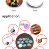 A set of ten round glass cabochons with photo domes shown from the front and back.