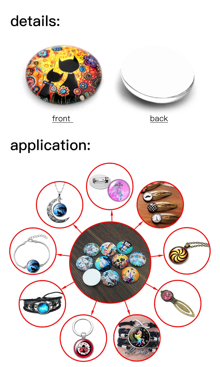 A set of ten round glass cabochons with photo domes shown from the front and back.
