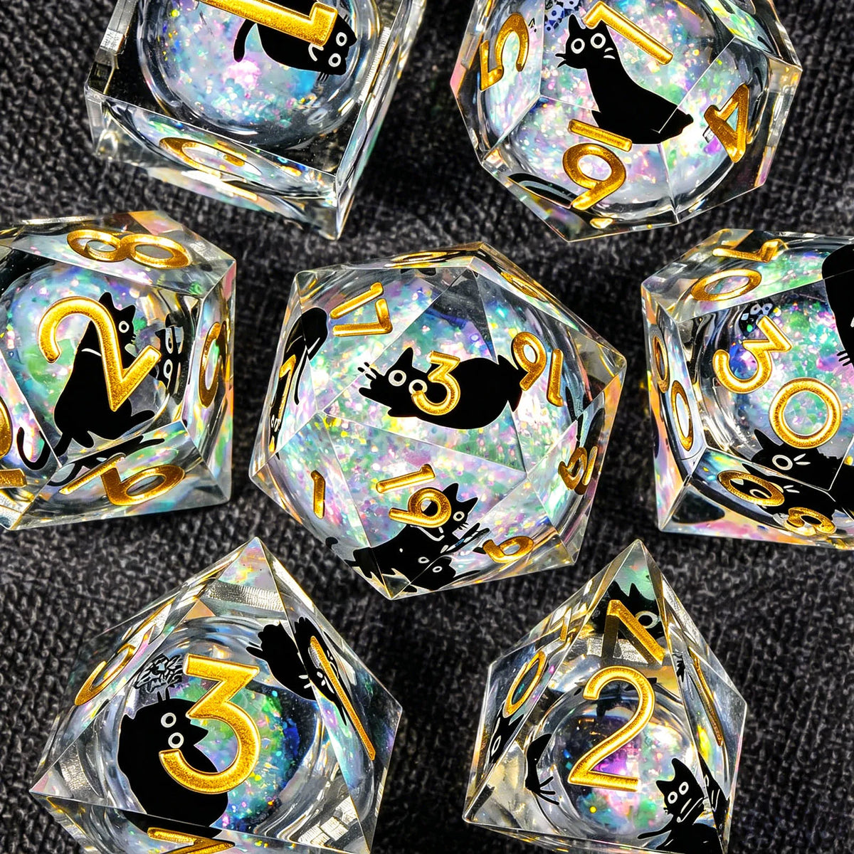 Cat Liquid Core Polyhedral Dice Set with Sharp Edges