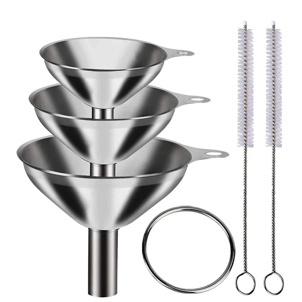 Stainless steel funnel set with three sizes and cleaning brushes