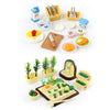 A set of forest animal miniature dollhouse furniture and food items for kids displayed on a white surface.
