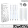 A set of five transparent color pens with 0.5mm tips and ten ST refills for quick drying ink.
