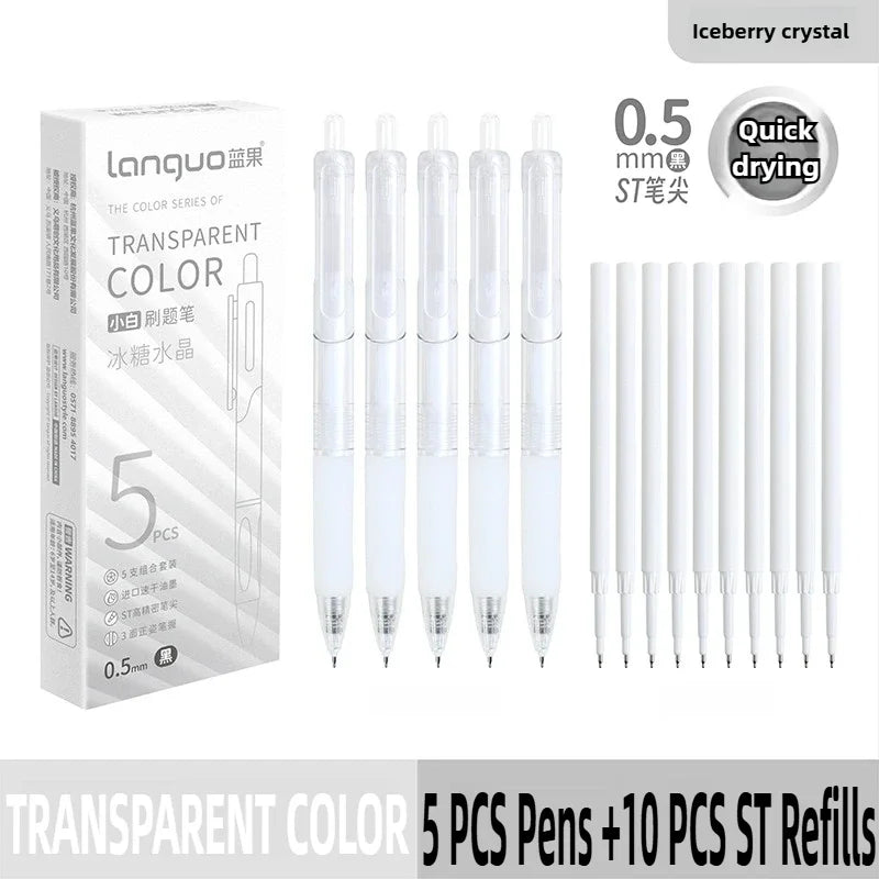 A set of five transparent color pens with 0.5mm tips and ten ST refills for quick drying ink.