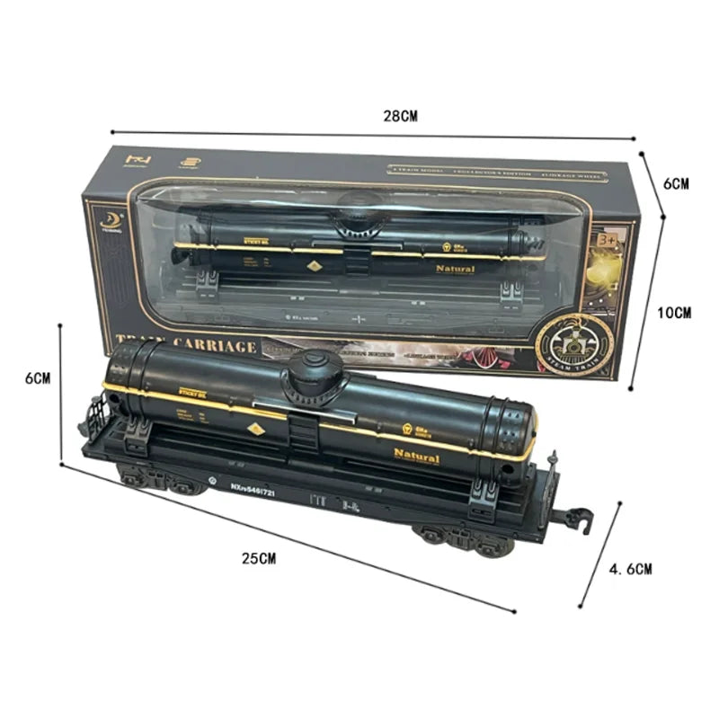A vintage steam train set in black and gold, complete with a box and accessories.