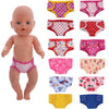 A collection of colorful soft doll underwear in various patterns and colors for 18-inch dolls.