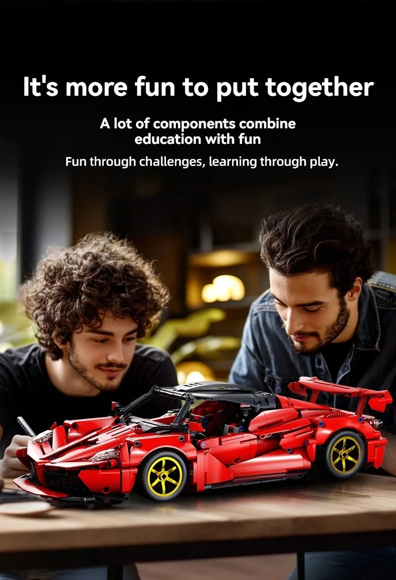 A red MOC hypercar building blocks set is shown on a wooden table, with two people working on it.