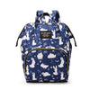 A blue cartoon print waterproof diaper bag featuring white rabbit illustrations for travel and stroller use.