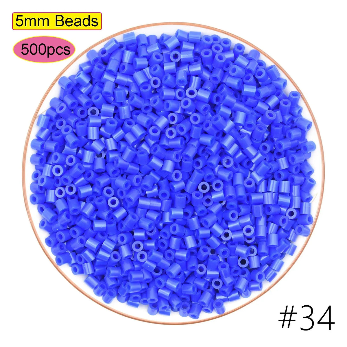 A pile of 5mm blue plastic beads, packaged in a kit for crafting and pixel art puzzles.