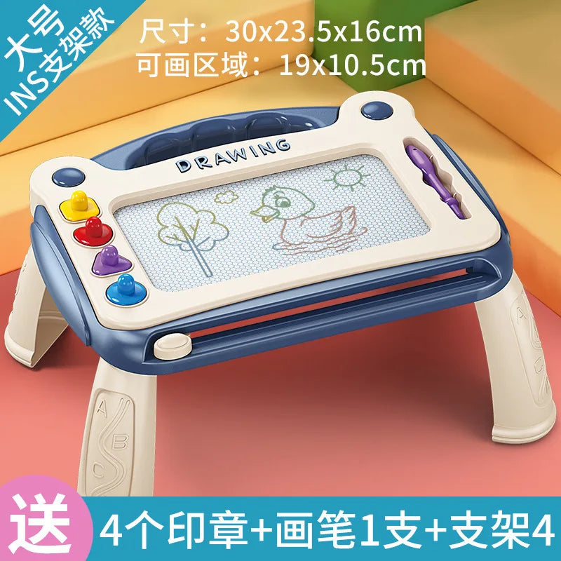 A blue magnetic drawing board for kids with a clear plastic surface and various colored tools like a purple pencil and yellow