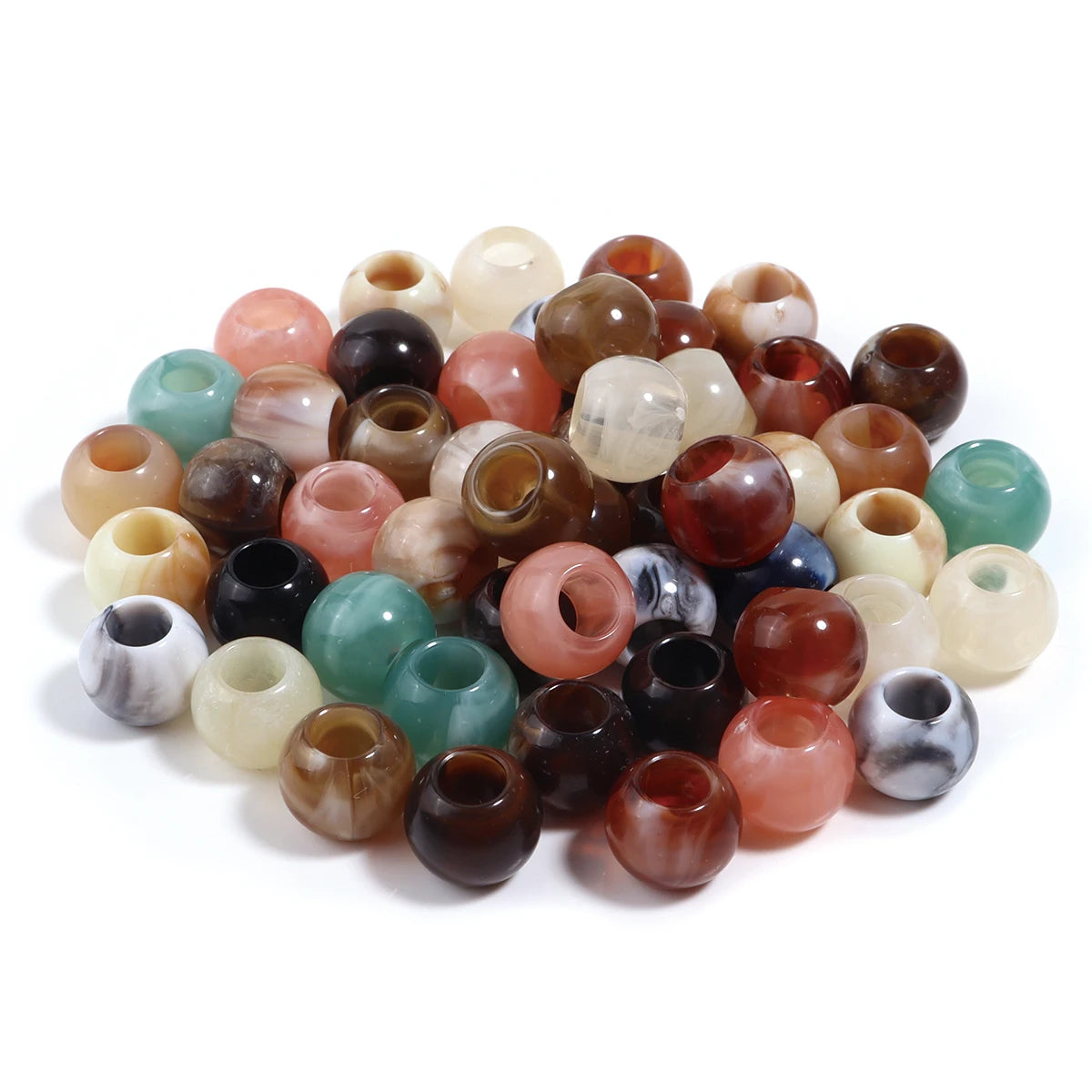 A collection of 50 imitation jade acrylic cloud beads in various shades of green, pink, brown, and white.