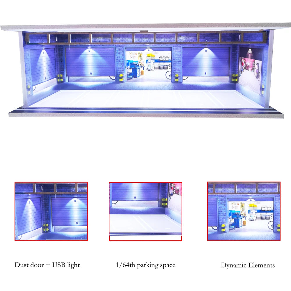 1:64 Scale Car Garage Diorama with USB LED Lighting