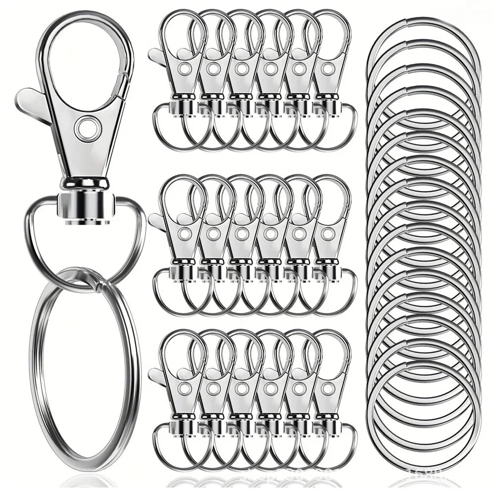 A collection of metal keychain hooks, swivel clasps, and key rings for DIY crafts and jewelry making.