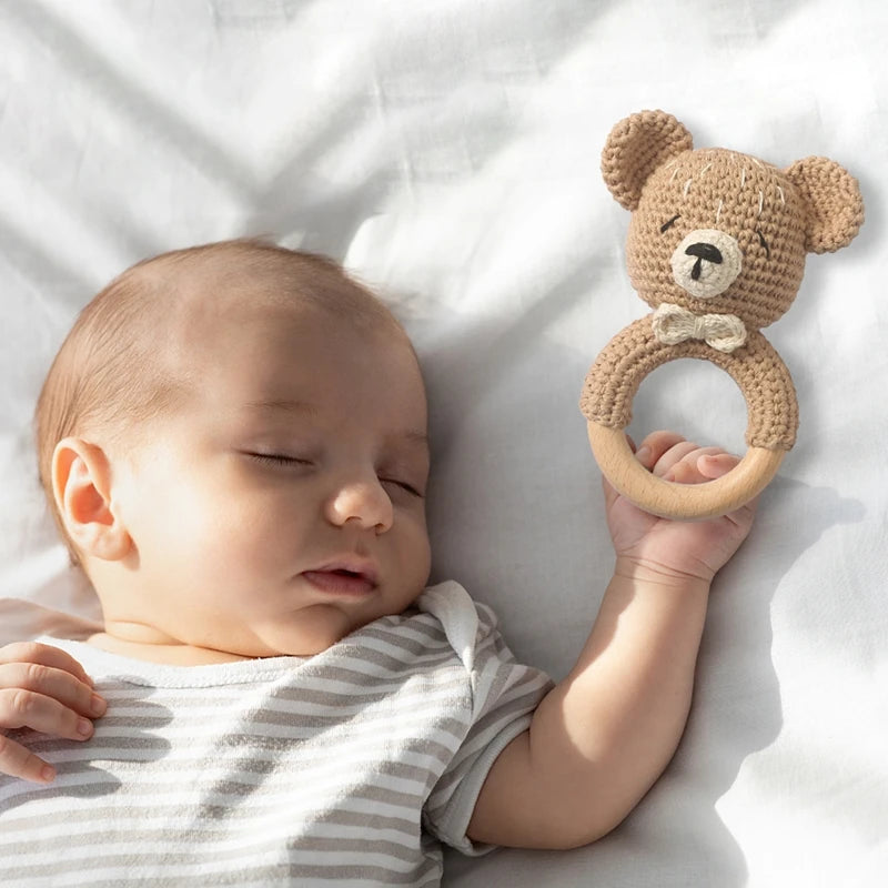 Crochet Bunny Rattle & Teether Toy with Wooden Ring