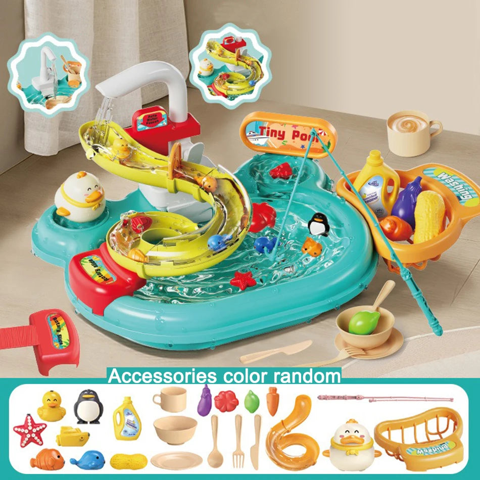 A colorful kids kitchen sink toy with running water and fishing game accessories.