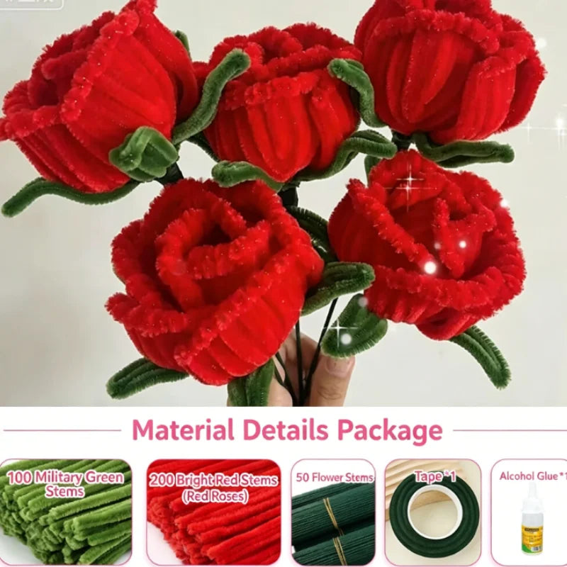 Red fabric roses made from pipe cleaners and green stems included in a DIY bouquet craft kit