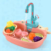 A pink plastic play dishwasher set for kids with a realistic water cycle demonstration.