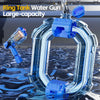 A large, clear plastic ring tank water gun with a blue trigger and a separate blaster component is shown splashing water.
