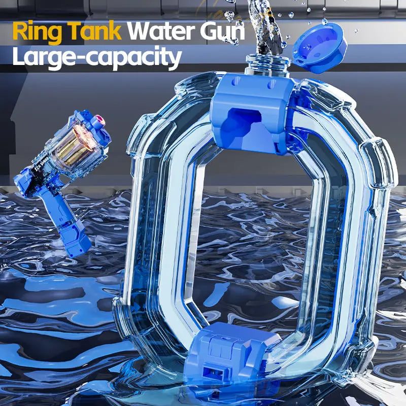 A large, clear plastic ring tank water gun with a blue trigger and a separate blaster component is shown splashing water.