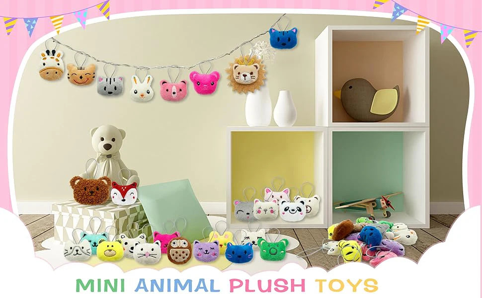Assorted mini animal plush toys with keychain loops displayed in a white shelving unit.